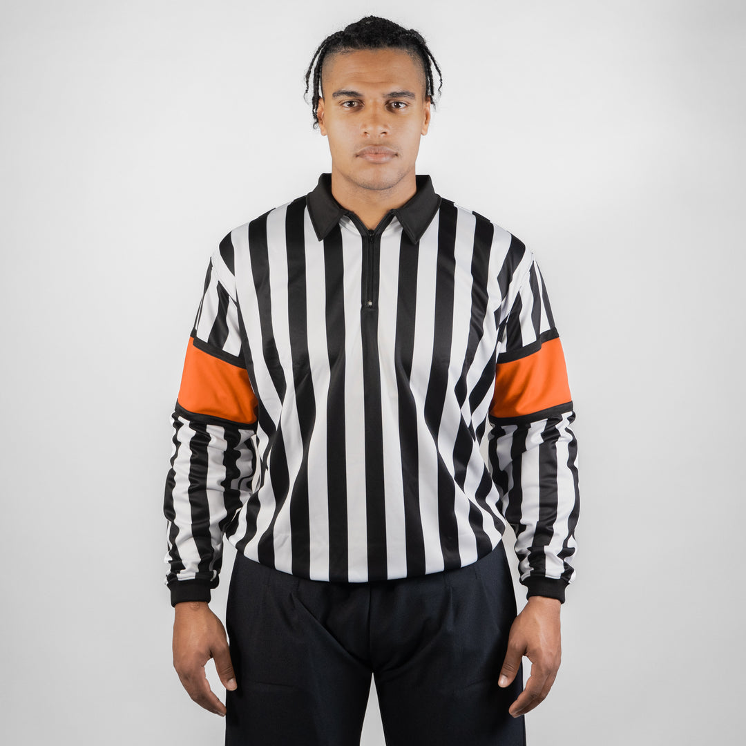 Zebrasclub zr-pro hockey referee jersey with orange sewn-in arm bands