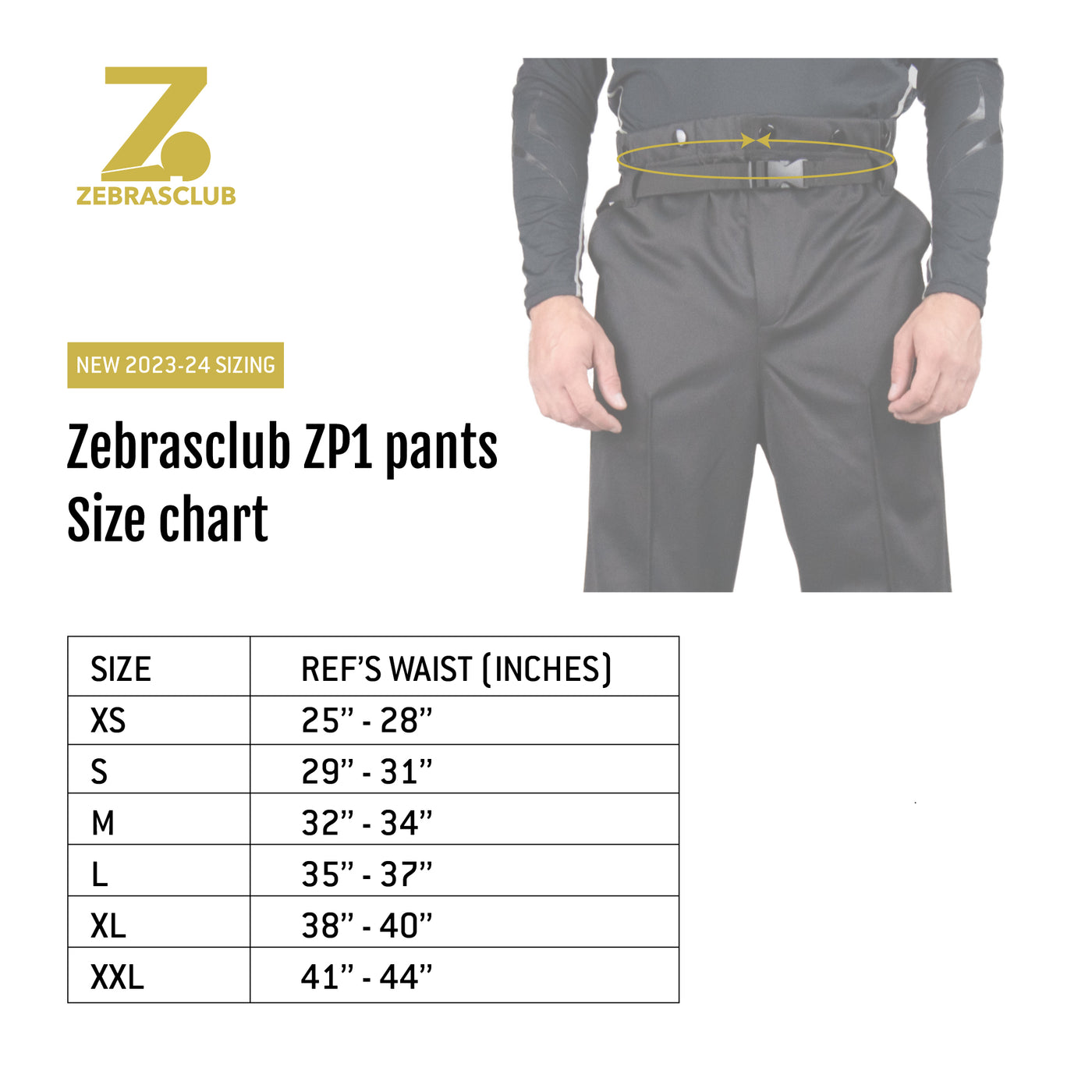 Zebrasclub ZP1 hockey referee pants size chart