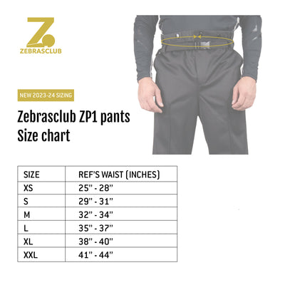 Zebrasclub ZP1 hockey referee pants size chart
