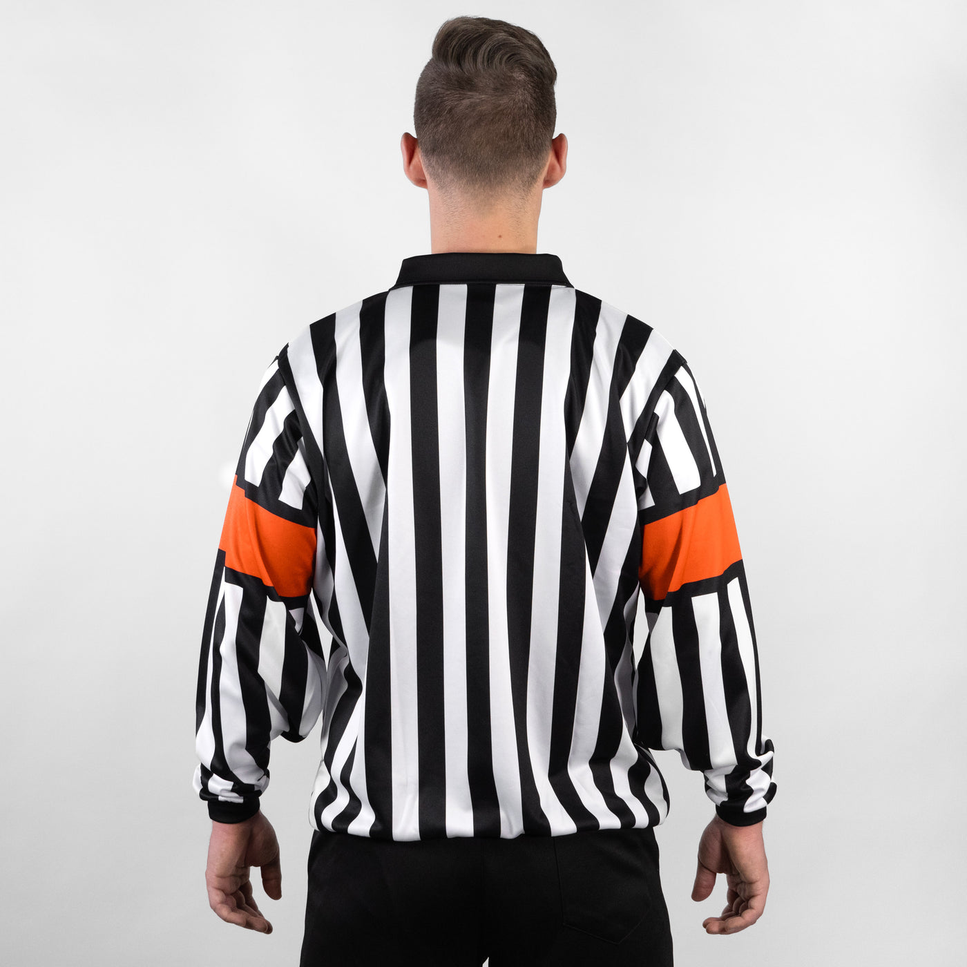 Zebrasclub ZR1 hockey referee jersey with sublimated orange arm bands back view