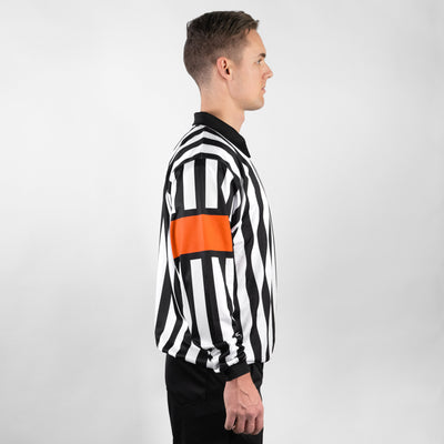 Zebrasclub ZR1 hockey referee jersey with sublimated orange arm bands side view