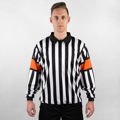 Zebrasclub ZR1 hockey referee jersey with sublimated orange arm bands