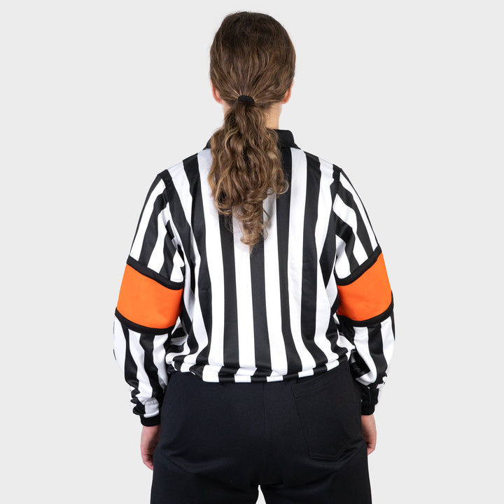 Zebrasclub ZR-PRO-ORG-W womens hockey referee jersey with orange sewn in arm bands back view