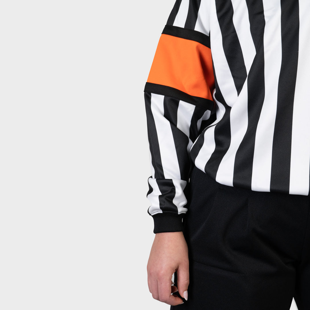 Zebrasclub ZR-PRO-ORG-W womens hockey referee jersey with orange sewn in arm bands close view