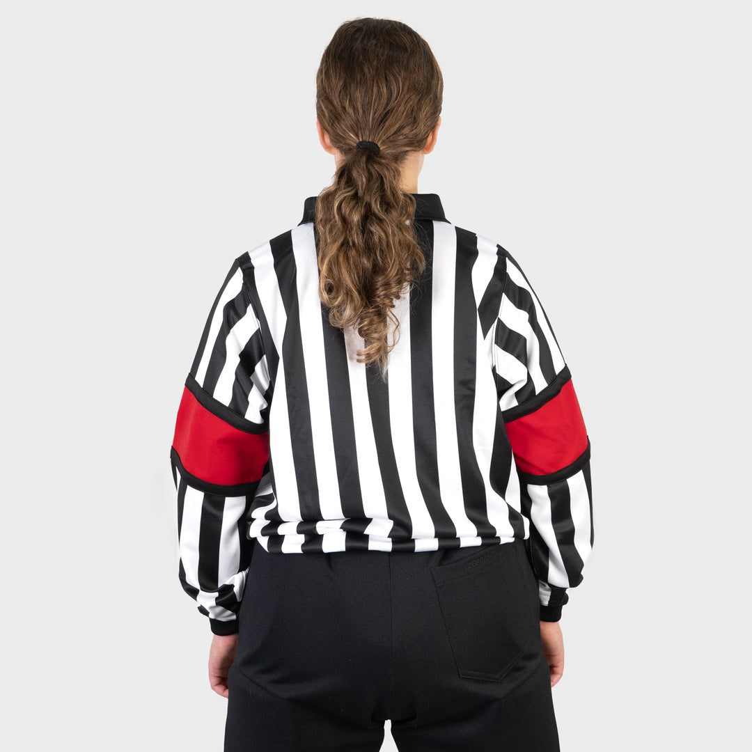 Zebrasclub ZR-PRO-RED-W womens hockey referee jersey with red sewn in arm bands back view