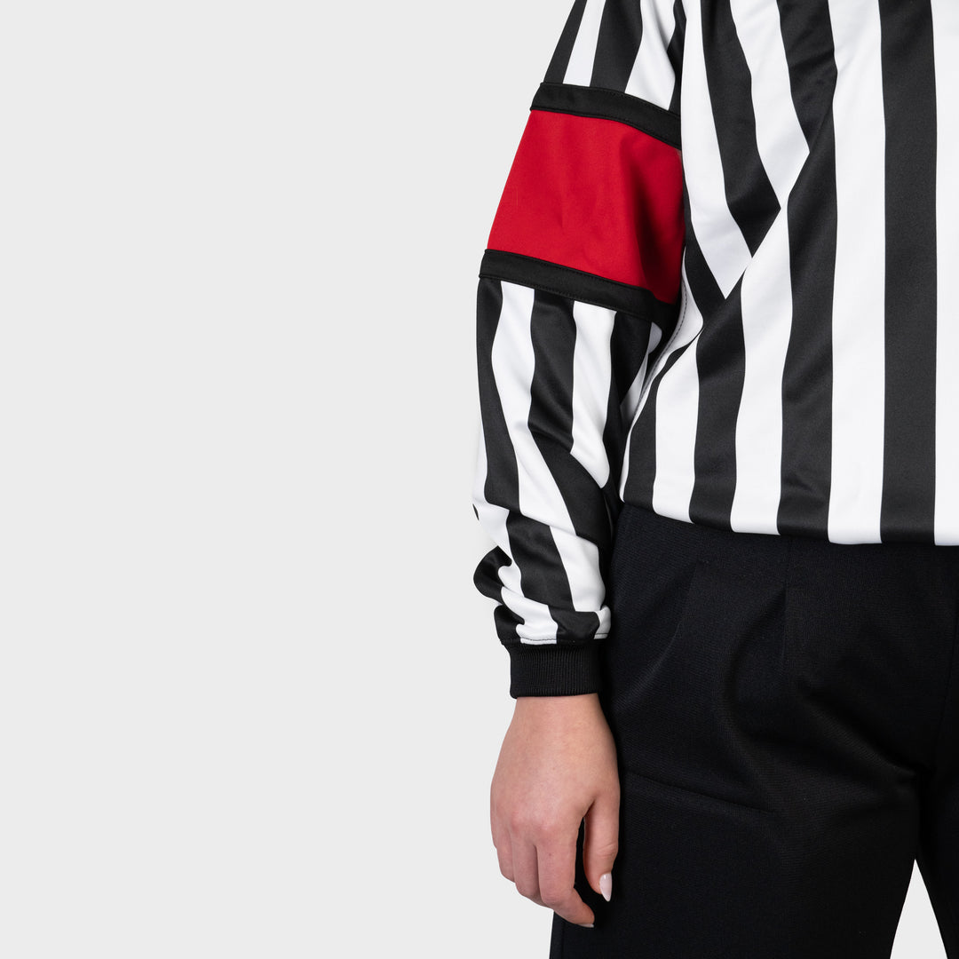 Zebrasclub ZR-PRO-RED-W womens hockey referee jersey with red sewn in arm bands close view