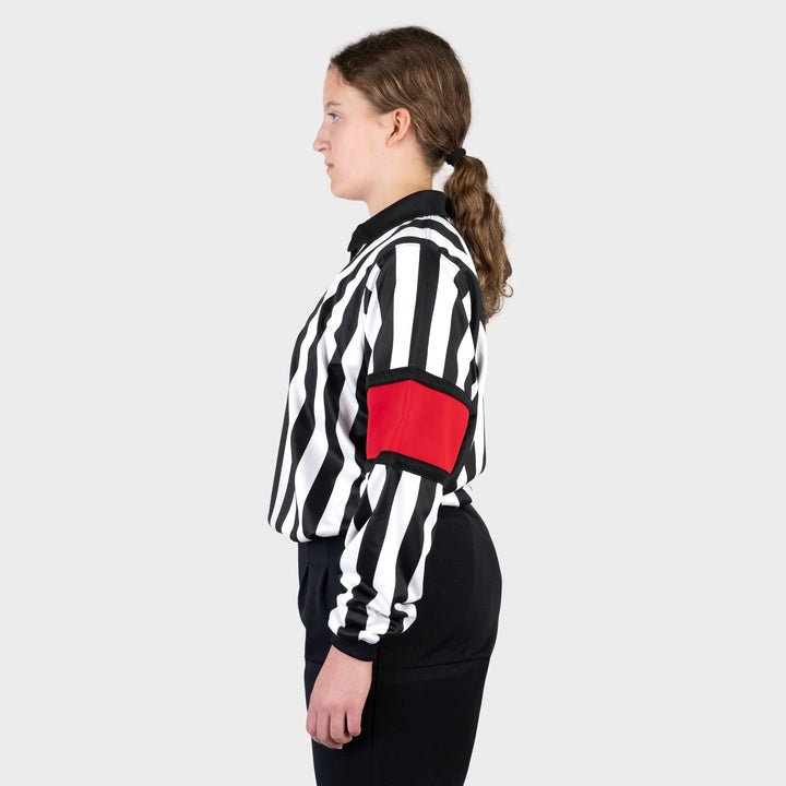 Zebrasclub ZR-PRO-RED-W womens hockey referee jersey with red sewn in arm bands side view