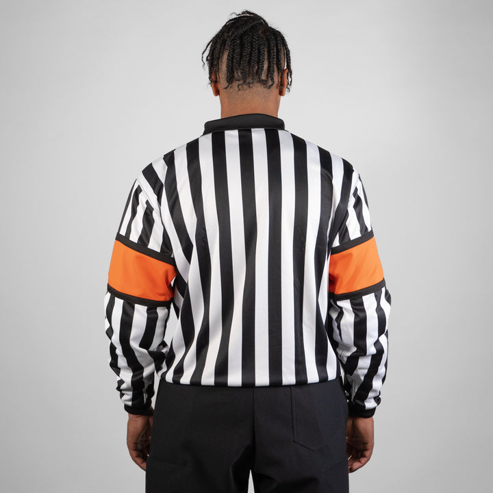 Zebrasclub zr-pro hockey referee jersey with orange sewn-in arm bands from back