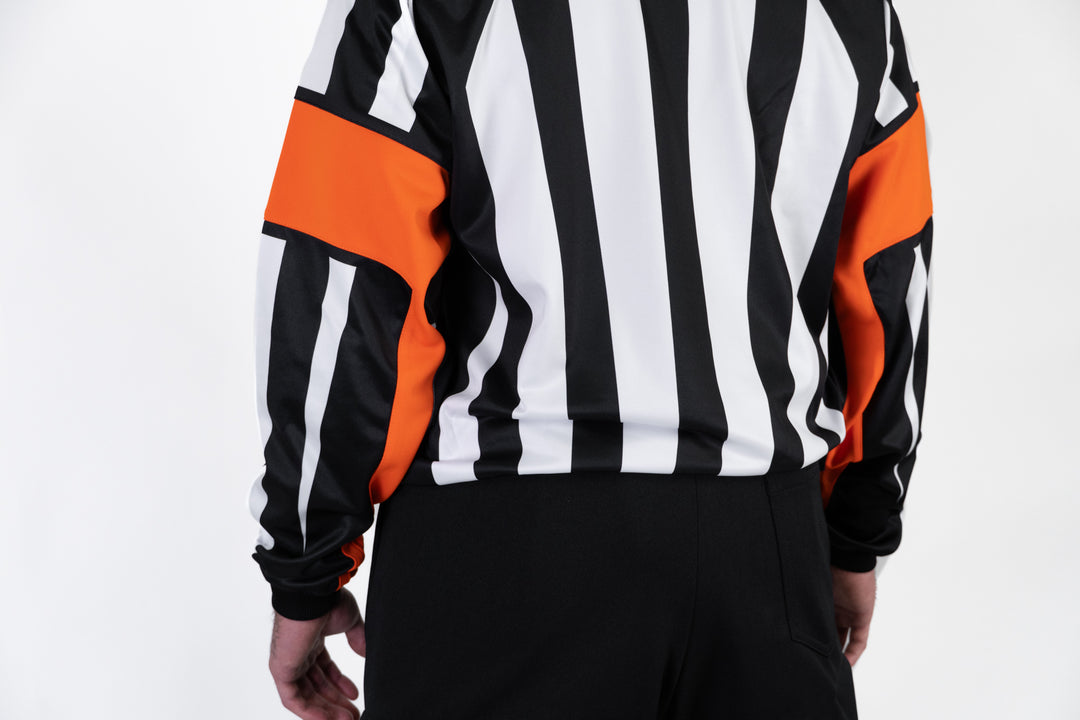 Zebrasclub ZRE hockey referee jersey nhl style with sewn in orange arm bands close