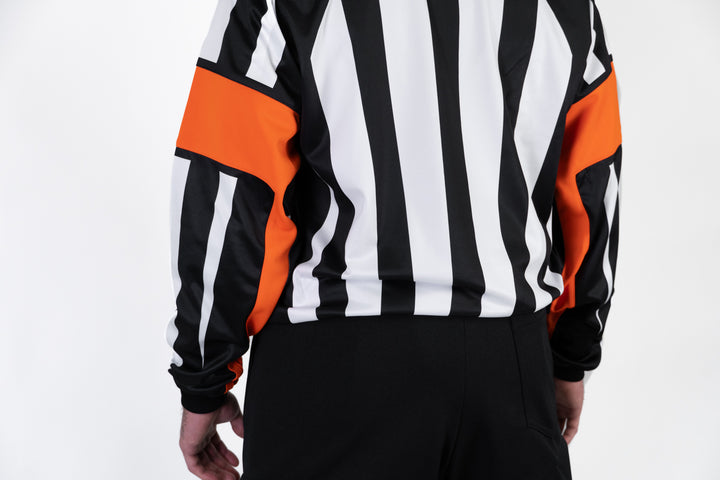 Zebrasclub ZRE hockey referee jersey nhl style with sewn in orange arm bands close