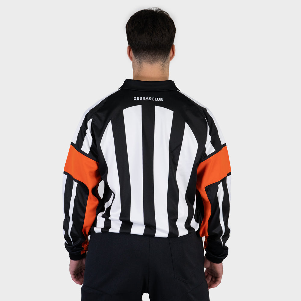 Zebrasclub ZRE hockey referee jersey nhl style with sewn in orange arm bands back view
