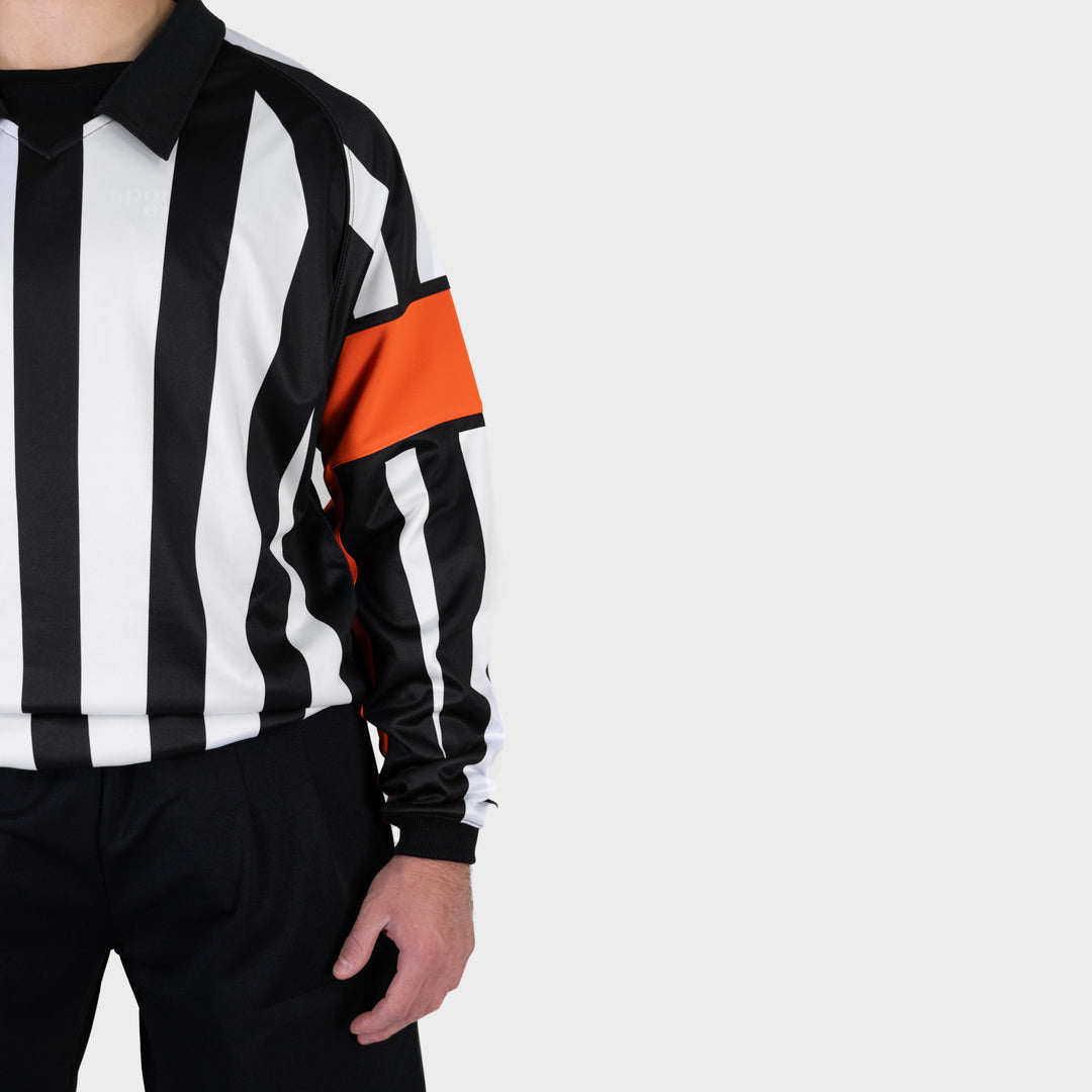 Zebrasclub ZRE hockey referee jersey nhl style with sewn in orange arm bands close view