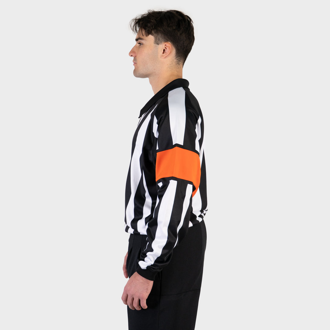 Zebrasclub ZRE hockey referee jersey nhl style with sewn in orange arm bands side view