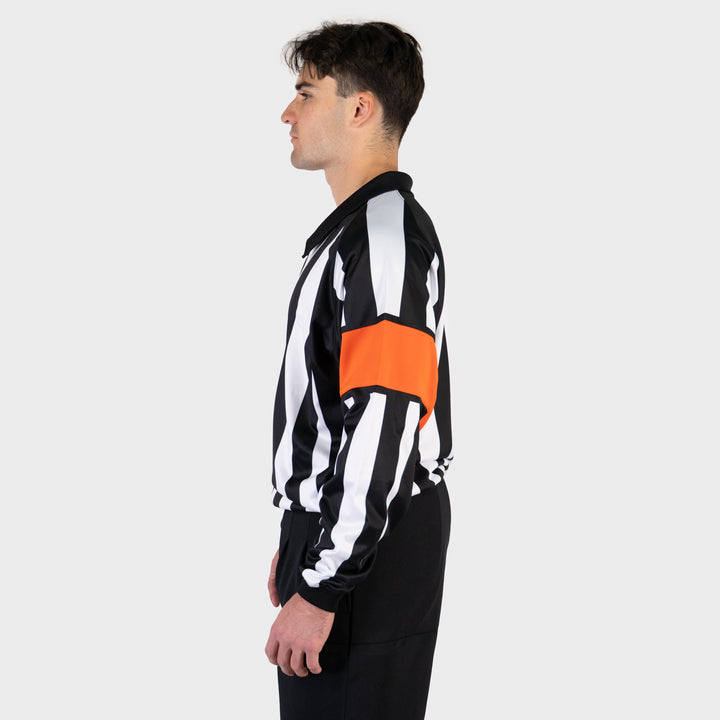 Zebrasclub ZRE hockey referee jersey nhl style with sewn in orange arm bands side view