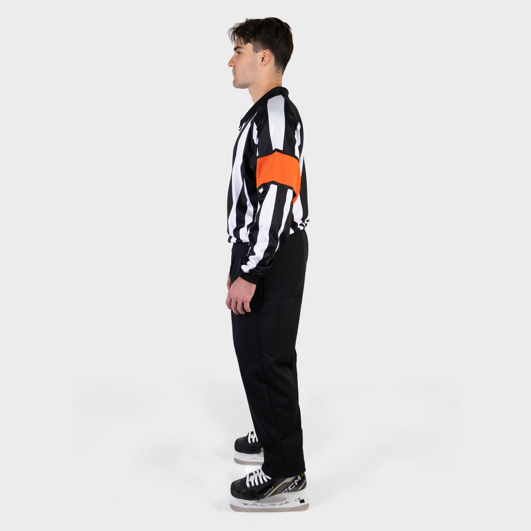 Zebrasclub ZRE hockey referee jersey nhl style with sewn in orange arm bands full side view
