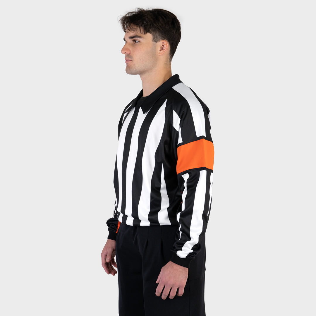 Zebrasclub ZRE hockey referee jersey nhl style with sewn in orange arm bands side view