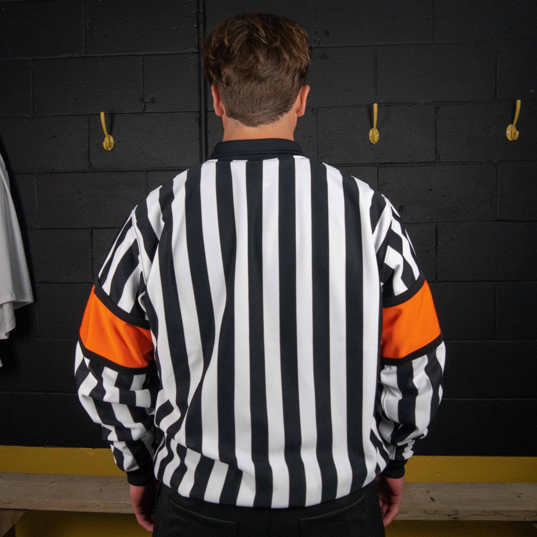 MOQ 5 pcs $30 each Standard Black Orange Hockey Referee Jersey